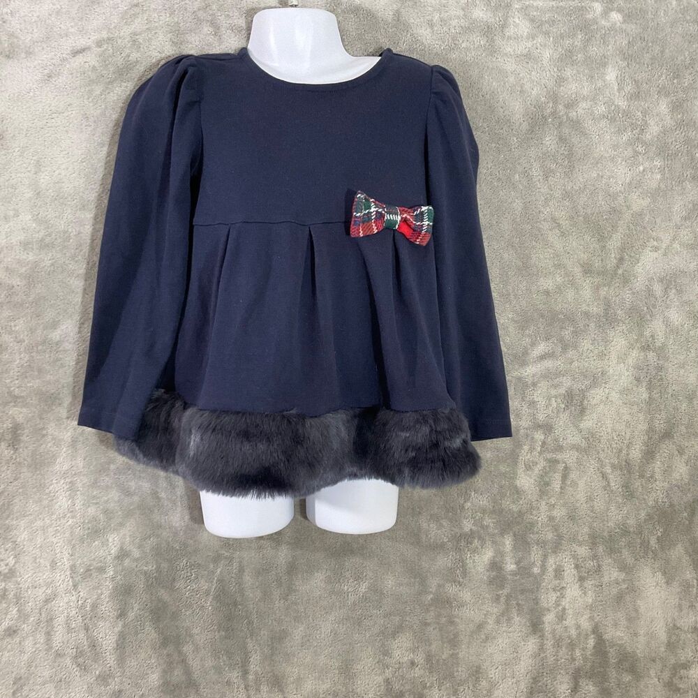 Janie and Jack Holiday Babydoll Blouse Top Faux Fur Trim Girls Size 5 Navy Bow
